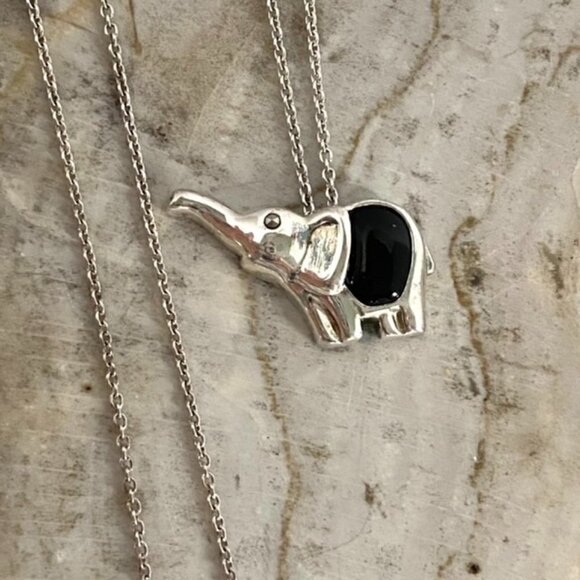 Sterling Silver 925 Elephant Pendant Necklace Black Enamel Marcasite 19" Chain - Picture 1 of 12